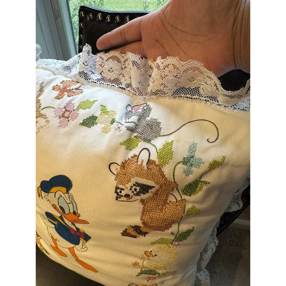 Vintage Donald‎ Duck Handmade Animal Stitches Pillow With Lace Trim 1988 15
